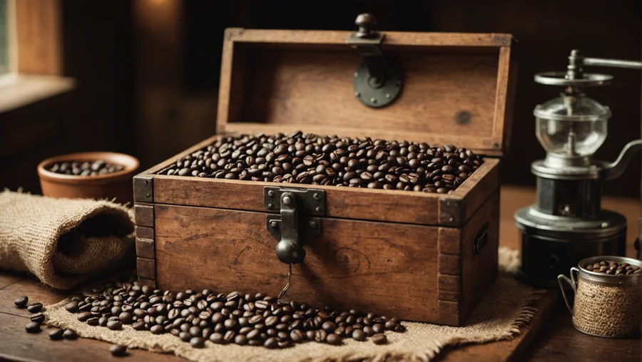 Kaffeebohnen in einer Holzbox